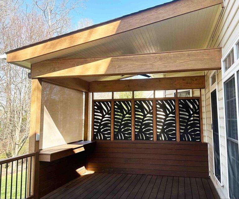 A porch with a privacy shade